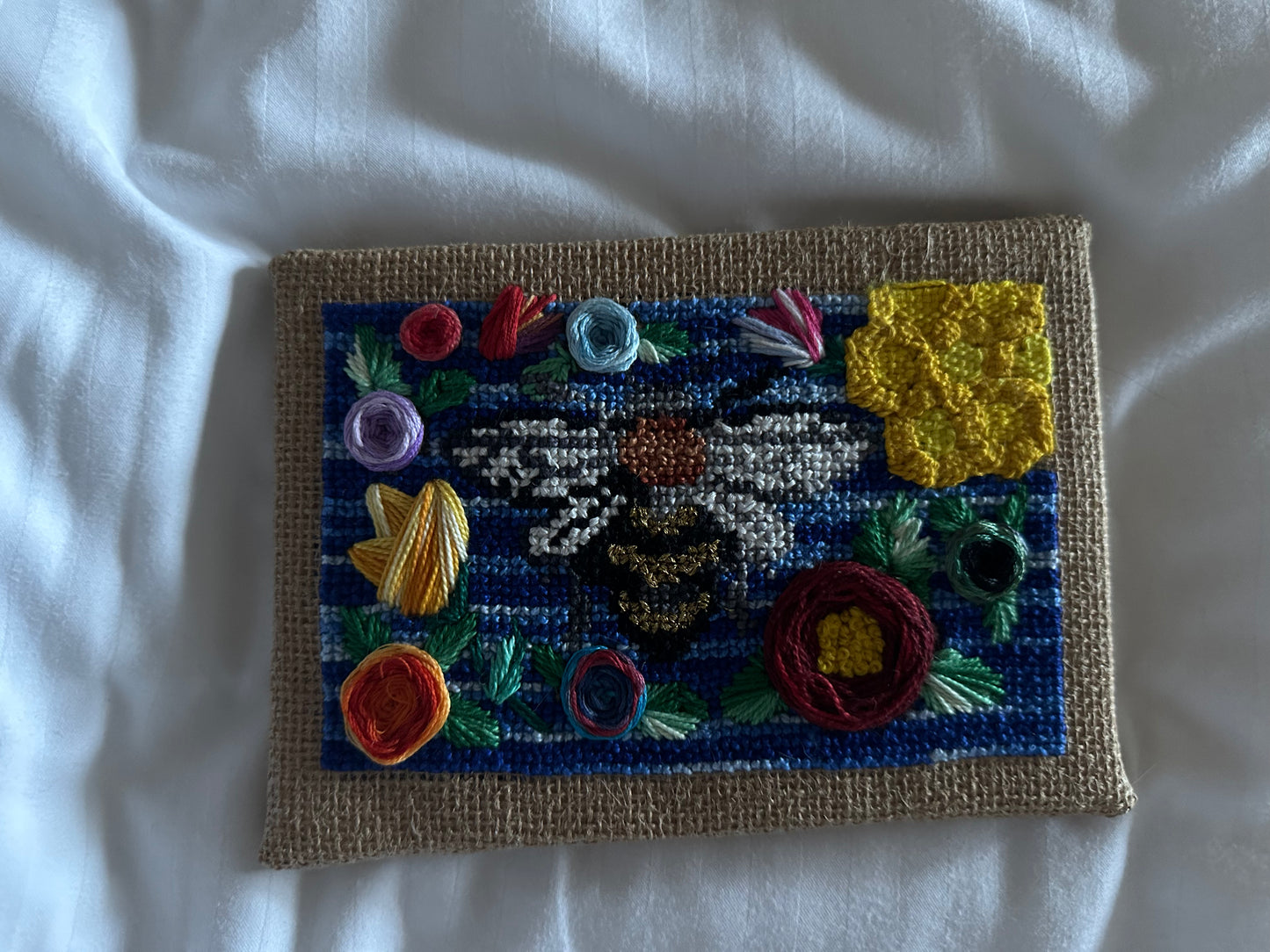 Cross Stitched Bee with Embroidered Flowers